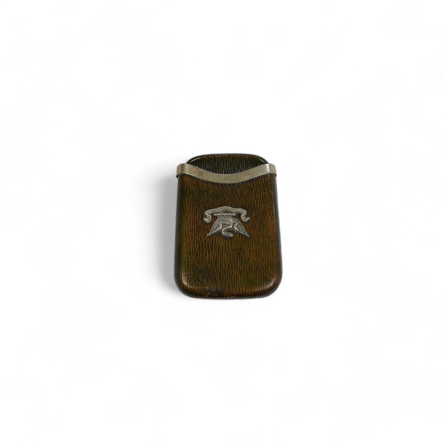 An Edwardian silver mounted green leather cigar case with crest and motto 'Candidior Nive' (whiter than snow), Alfred Clark, London, 1903, retailed by Clark of New Bond Street, 13.7cm. Condition - poor to fair